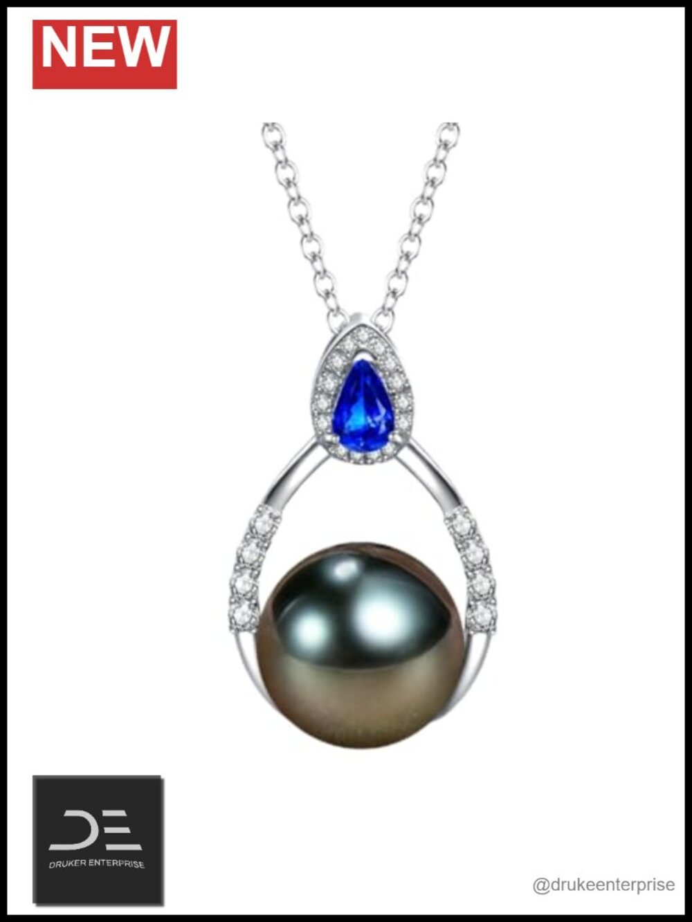 Tahitian Black Pearl Necklace Women Gift Wife Sterling Silver Plated 18K White